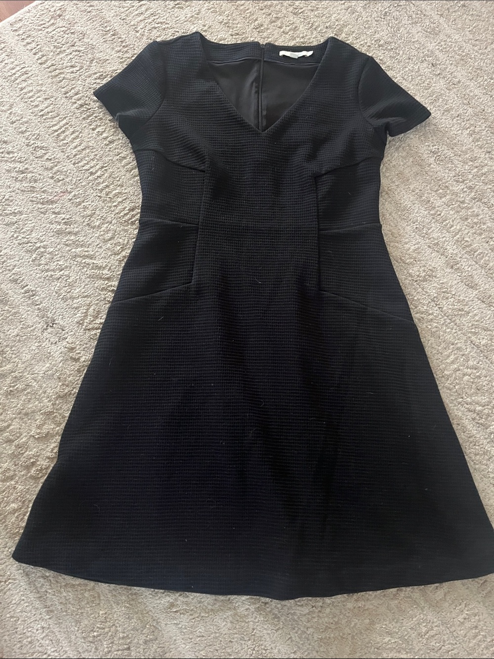 Boden Melanie Waffle Knit Classic Black V-Neck Short Sleeve A-Line Dress 12